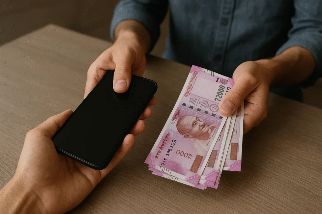 Person exchanging a smartphone for cash, showing the process to sell old mobile phone