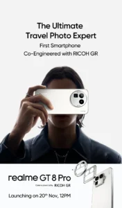 Realme GT 8 Pro upcoming smartphone poster featuring camera module and launch date