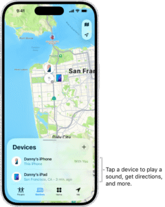 iPhone Find My app interface showing device location on map to help locate phone