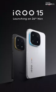 iQOO 15 upcoming smartphone launch poster showing black and white models