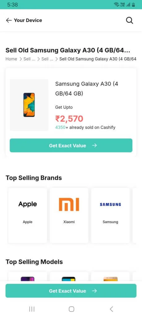 Cashify platform showing resale value of Samsung Galaxy A30 for people looking to sell old mobile phone