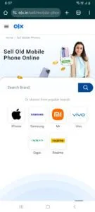 OLX India page for users looking to sell old mobile phone online across brands like Apple, Samsung and Xiaomi