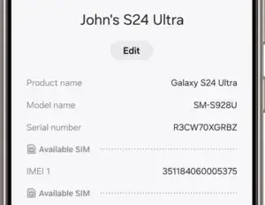 Samsung Galaxy device information screen showing IMEI used to help locate phone if lost.
