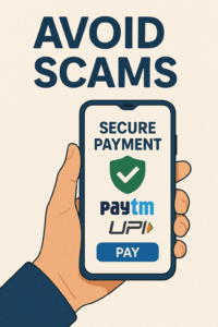 Secure online payment illustration showing UPI and Paytm for safe ways to sell old mobile phone