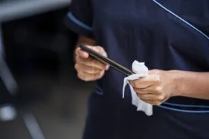 Person cleaning a smartphone before selling old mobile phone to increase resale value