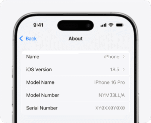 iPhone About settings screen showing model information commonly used when trying to locate phone.