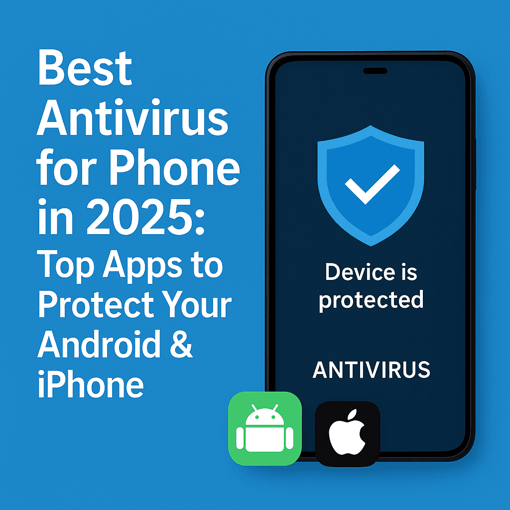 Best antivirus for phone in 2025 showing protected Android and iPhone with security shield