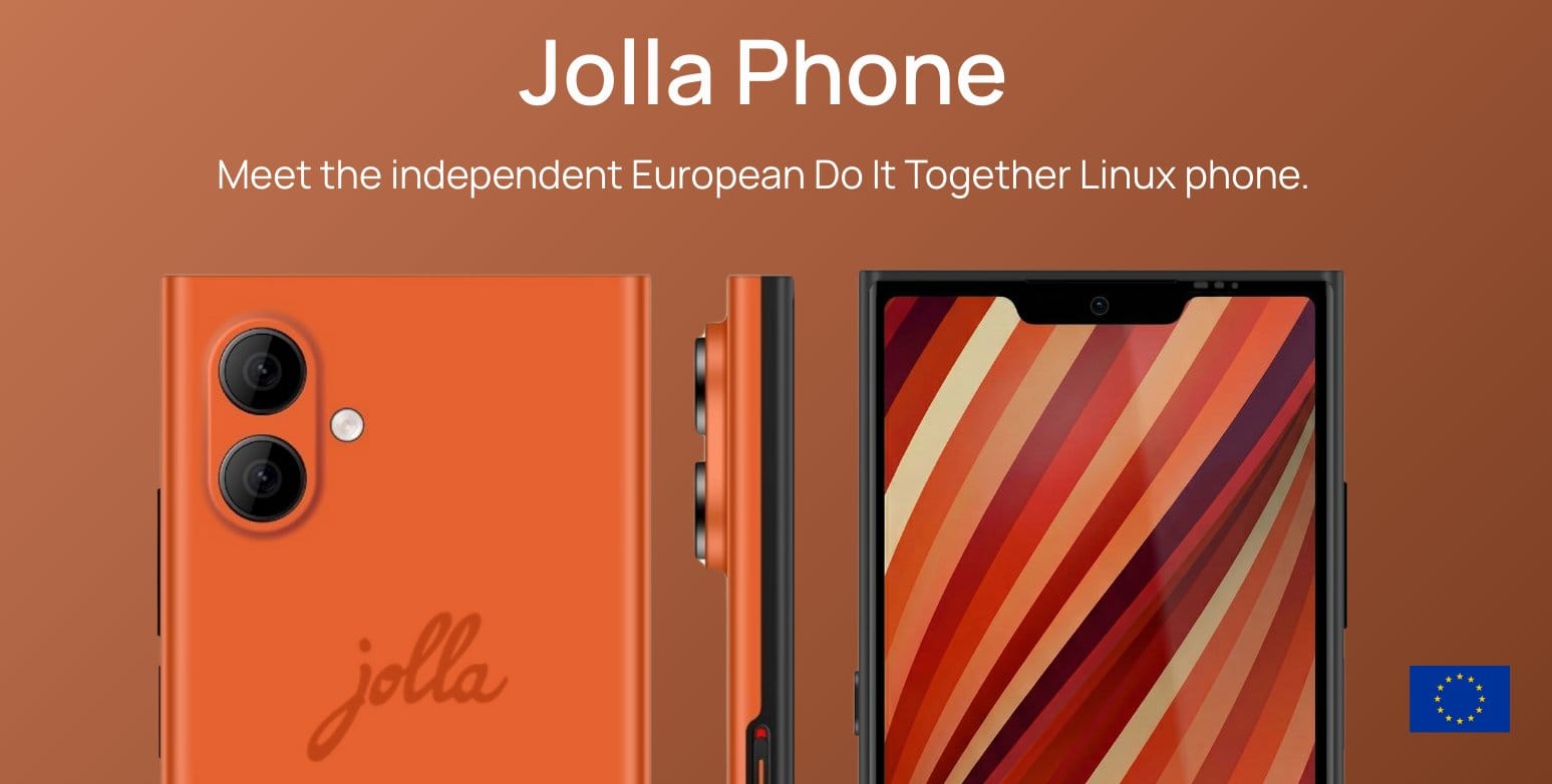 1000108046 Jolla Phone promotional image describing it as an independent European Linux-based smartphone running Sailfish OS.