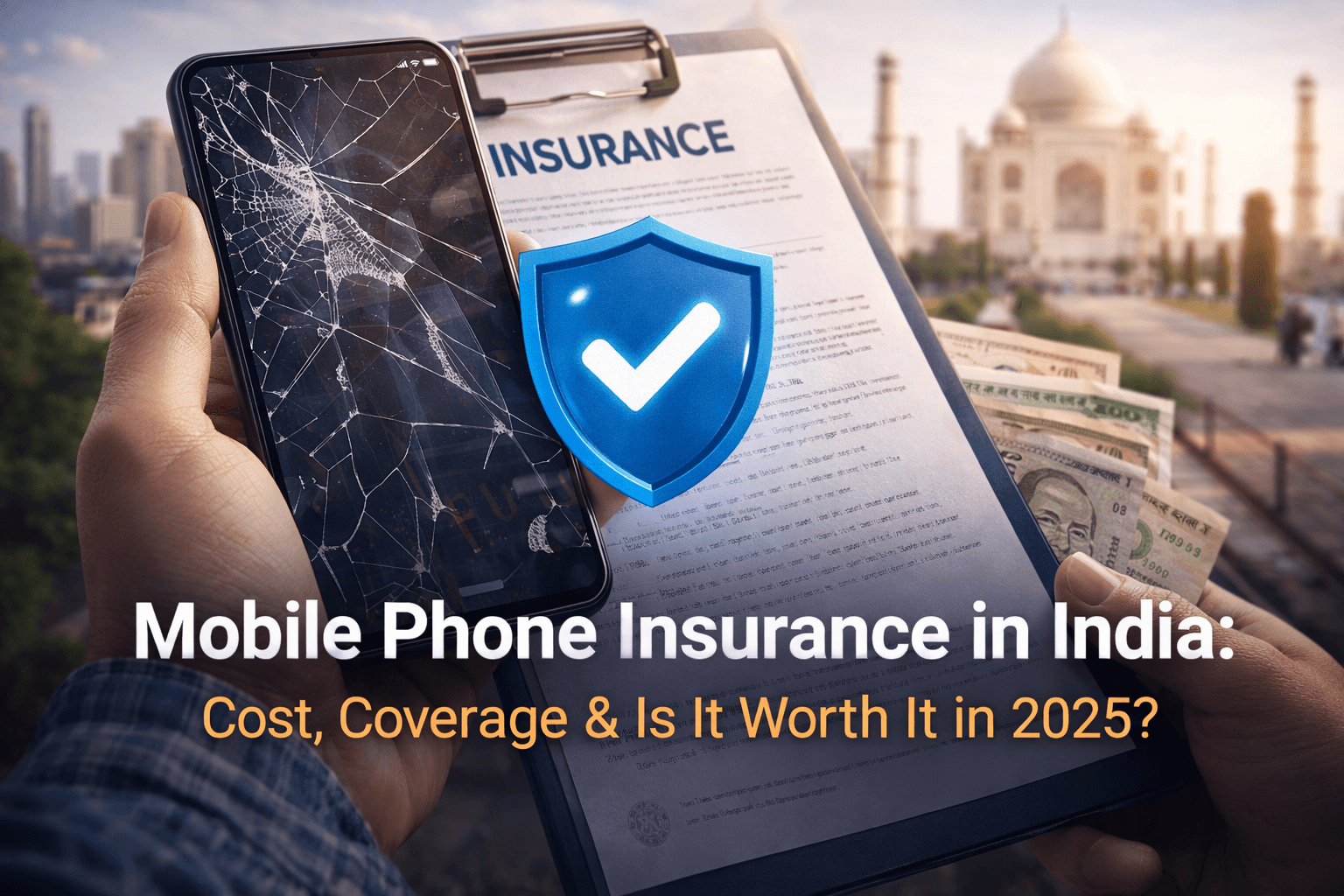 1000109753 Cracked smartphone protected by an insurance shield with policy documents and Indian currency, representing mobile phone insurance in India.