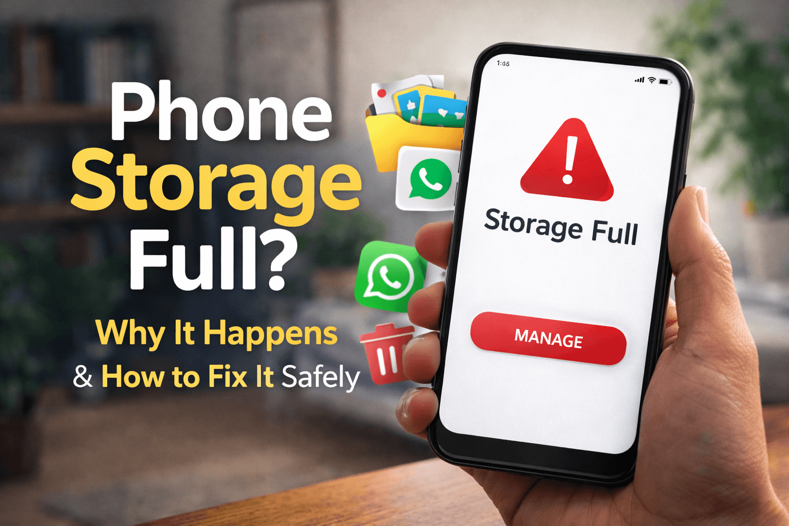 Smartphone displaying storage full warning message with manage option on screen.
