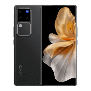 Vivo V30 Pro 5G smartphone in black color featuring a curved display and triple rear cameras with ZEISS optics, highlighting its premium design and photography capabilities.