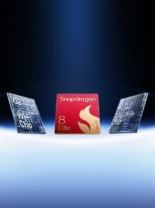 Snapdragon 8 Elite Gen 5 chipset graphic representing the powerful CPU inside the OnePlus 15 5G, alongside Wi-Fi and touch response chips.