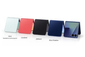 Samsung Galaxy Z Flip 7 in Mint, Coral Red, Jet Black and Blue Shadow colors displayed in a half-folded position