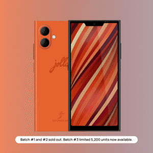 Jolla Phone orange color variant showing front and rear design powered by Sailfish OS with privacy-focused features.