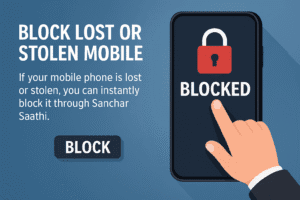 Sanchar Saathi infographic showing how users can block a lost or stolen mobile phone through the official portal.