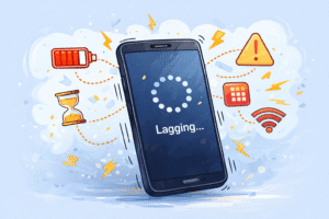 Illustration showing smartphone lagging due to performance issues and background processes