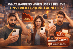 Users reacting with shock and frustration after believing unverified smartphone launch news, showing financial loss, scams, and consumer complaints.