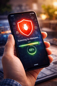 Scanning a mobile phone for malware and harmful apps to fix phone lagging and slow performance issues
