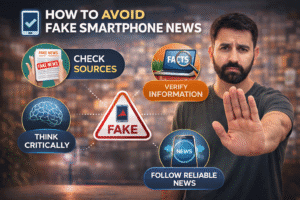 Infographic explaining how to avoid fake smartphone news by checking sources, verifying information, thinking critically, and following reliable tech websites.