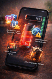Phone battery draining fast due to background apps, software update issues, weak network signals and old battery
