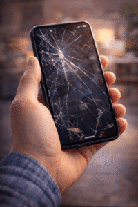 Cracked smartphone screen due to accidental damage showing why mobile phone insurance is needed.