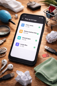 Smartphone showing free up storage options like clearing cache, deleting duplicate files and removing unused apps.