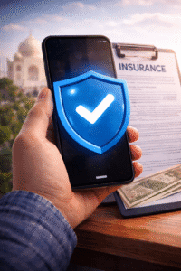 Smartphone protected by an insurance shield with policy documents representing mobile phone insurance in India.