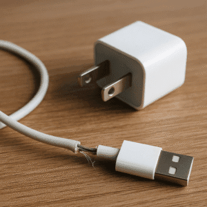 Damaged USB charging cable with exposed wires causing phone charging failure.