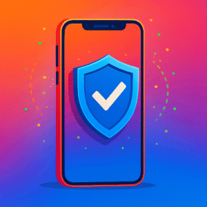 Smartphone protected by antivirus software with security shield and check mark