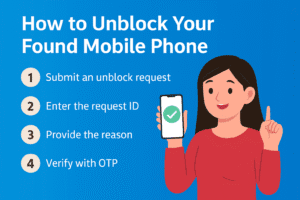 Infographic explaining how to unblock your found mobile phone on Sanchar Saathi, showing steps to submit an unblock request, enter the request ID, provide the reason, and verify with OTP.