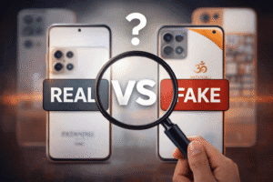 Magnifying glass highlighting real versus fake smartphone news, showing the importance of verifying phone launch information before trusting it.