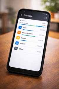 Android phone storage usage screen showing apps, photos, videos and system files consuming space.