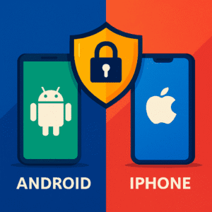 Antivirus protection for Android and iPhone smartphones with secure lock shield illustration