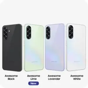 Samsung Galaxy A36 5G shown in Awesome Black, Awesome Lime, Awesome Lavender and Awesome White variants