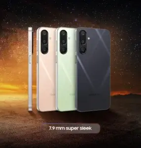 Samsung Galaxy M16 5G series in Peach, Mint and Graphite colors showcasing 7.9 mm slim design