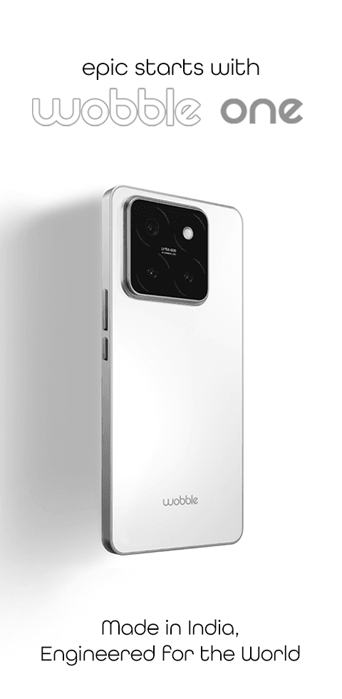 Promotional concept image of Wobble One smartphone highlighting branding message and rear camera module design