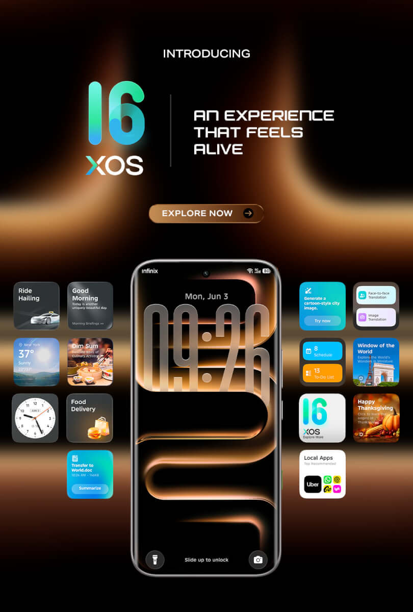 Infinix mobile showing XOS 16 user interface with AI features and smart widgets on curved display smartphone