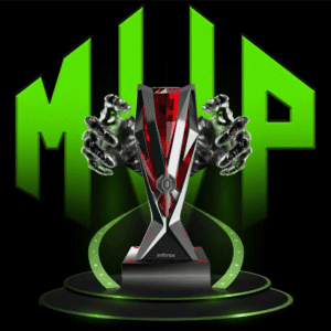 Infinix MVP gaming trophy with futuristic design and green background representing high performance smartphones