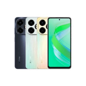 Infinix smartphone showing multiple color variants with dual camera setup and full screen display on black background