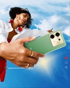 Woman taking selfie outdoors using green Infinix smartphone with AI camera and stylish leather finish