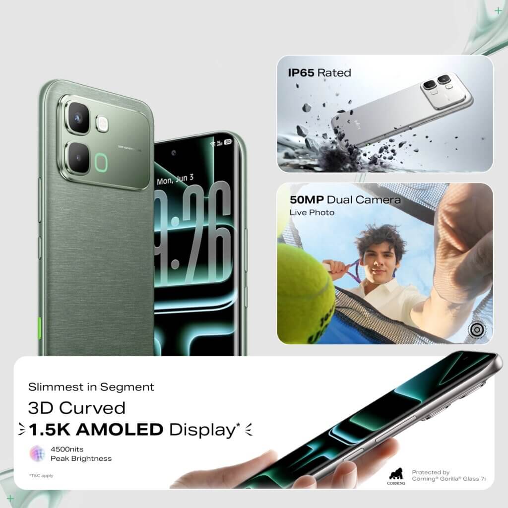 Infinix Note Edge design with IP65 rating and 50MP dual camera – premium curved display smartphone in India.