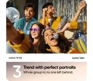 Realme 16 5G camera sample with group selfie and AI portrait mode showcasing LumaColor technology