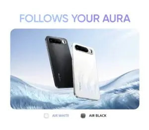 Realme 16 5G design with Air White and Air Black color variants showcasing slim body and stylish back finish