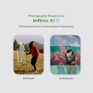 Infinix Note Edge AI camera features including AI eraser and AI extender for smart photo editing.