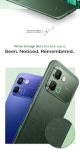 Infinix Note Edge premium design with textured back panel and dual camera module in green and purple colors.