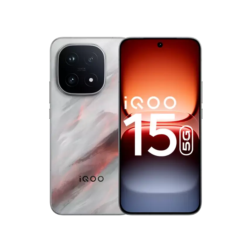 iQOO 15 Apex colour smartphone with lava-inspired design, dual view showing front display and textured back panel.