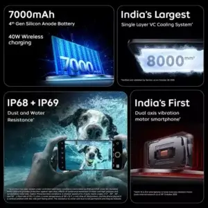 iQOO 15 specifications showing 7000mAh battery, VC cooling system, IP68 IP69 rating and dual vibration motor features.