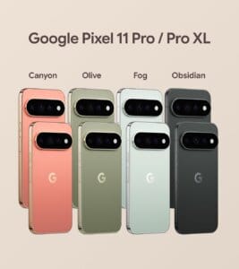 Google Pixel 11 Pro and Pixel 11 Pro XL in Canyon Olive Fog and Obsidian colours